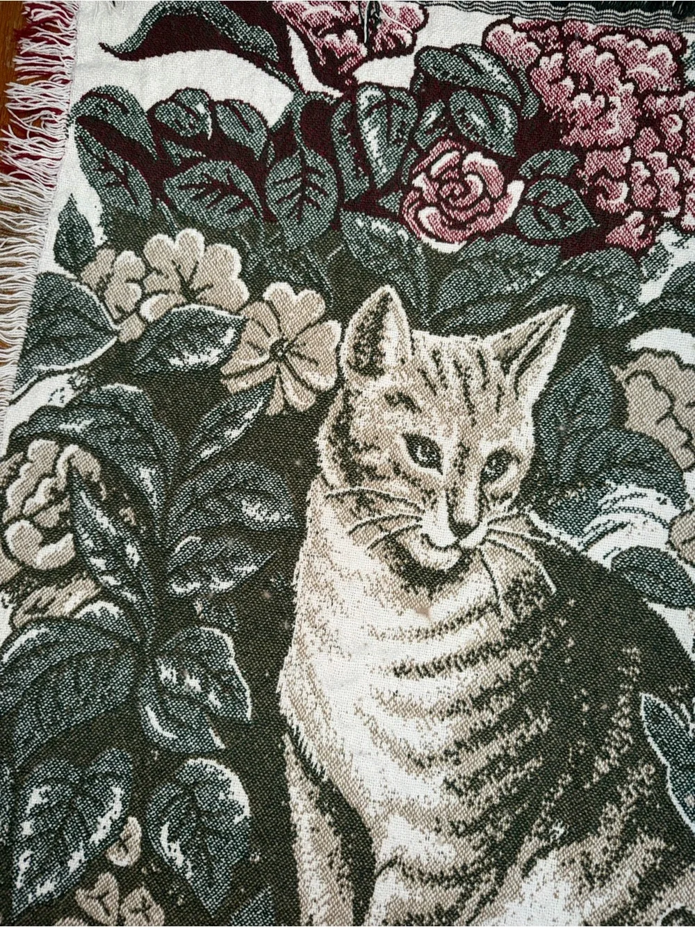 Vintage Woven Tapestry Throw Blanket Cats Garden Floral Fringe 40” X 51”